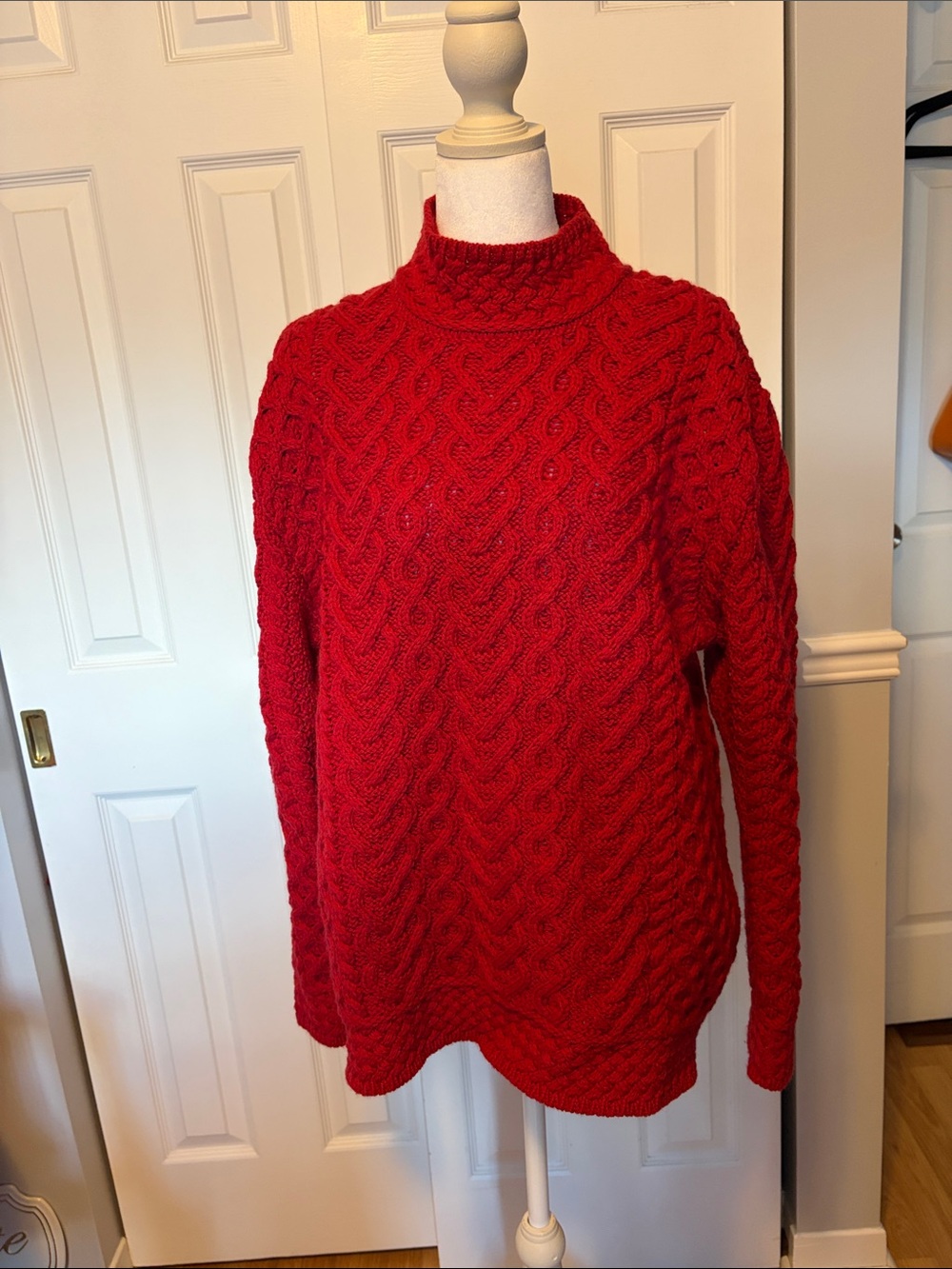 Aran Mor Irish Red 100% Merino Wool Cable-Knit Turtleneck Sweater